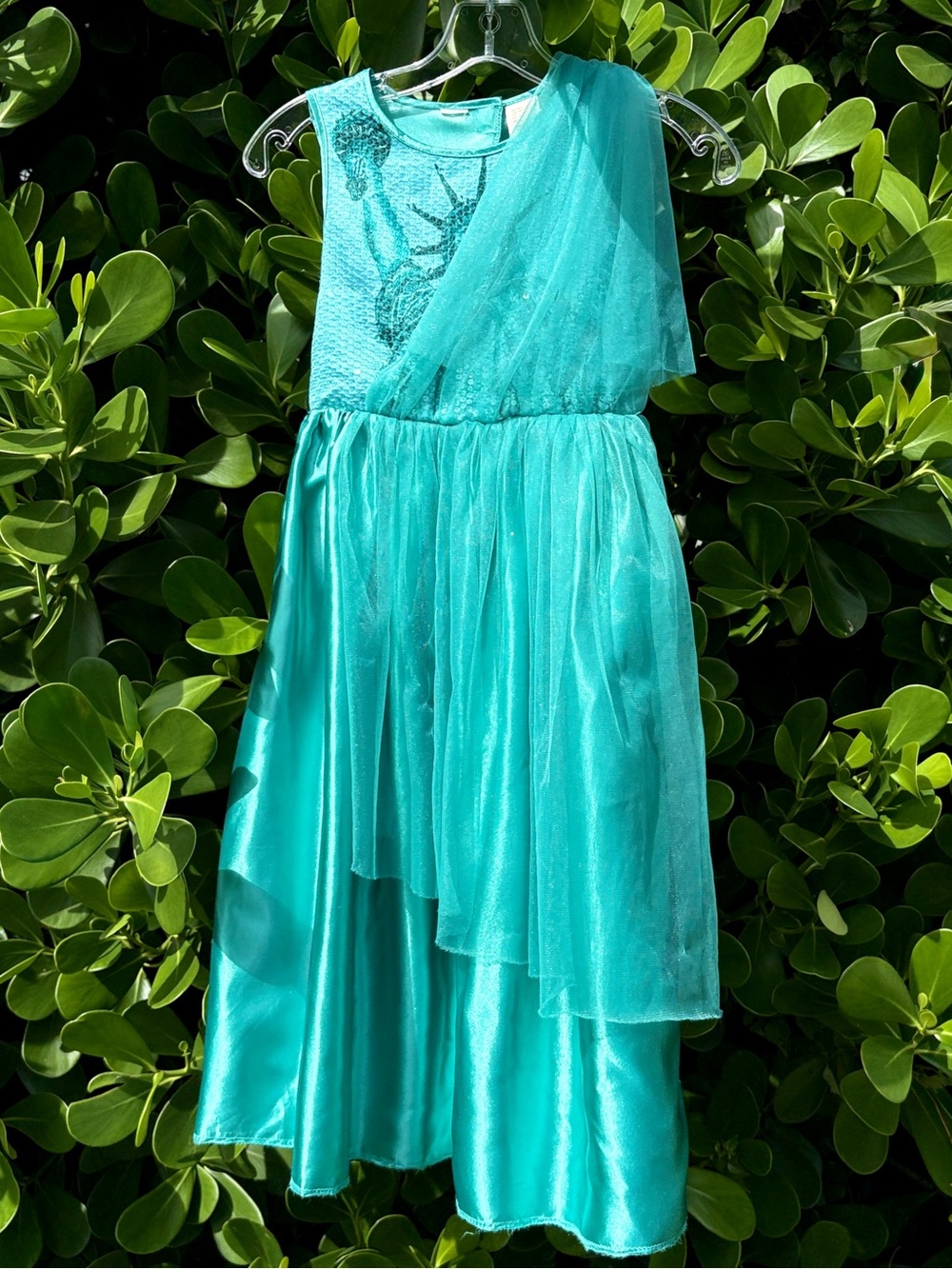 Girls Teal Blue Statue Of Liberty Dress Gown Size M Satin Tulle Sequins Costume - Picture 2 of 12